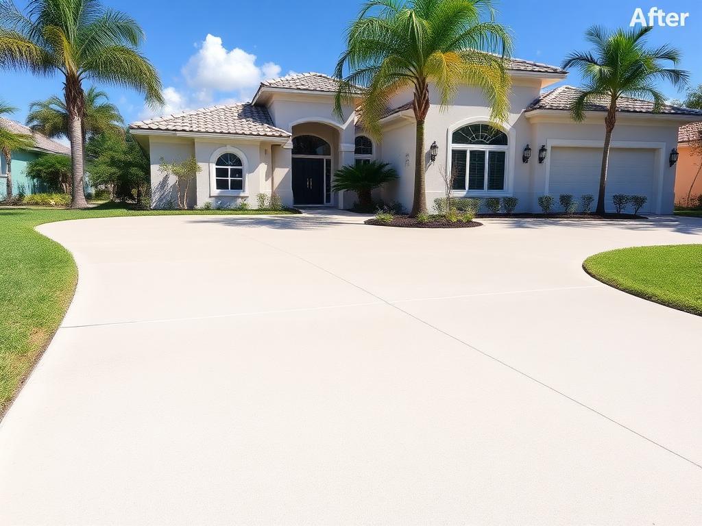 After: the same Kendall home with a new broom-finished concrete driveway, straight control joints and clean edges along the lawn
