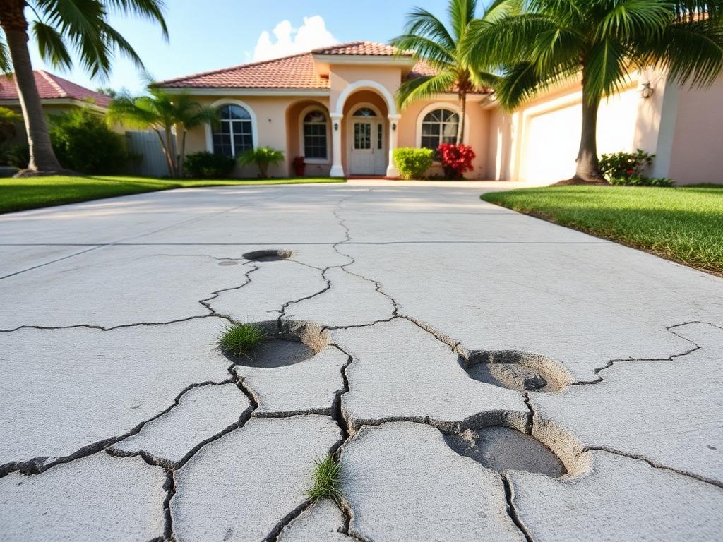 Before: Kendall concrete driveway with wide spider cracks, potholes and weeds growing through the slab in front of a pink stucco home