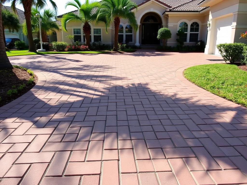 After: the Coral Springs paver driveway re-leveled in a tight herringbone pattern with sealed, weed-free joints