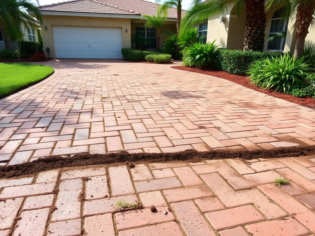 Before: sunken brick paver driveway in Coral Springs with washed-out joints, weeds and mildew staining