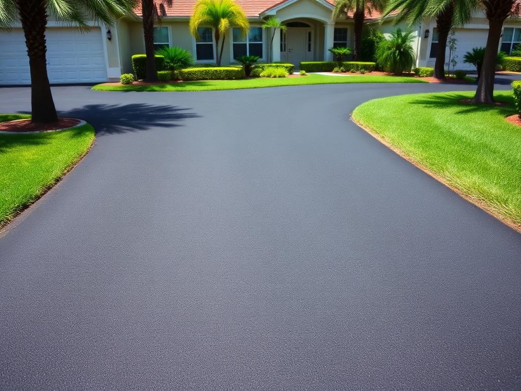 After: smooth freshly paved black asphalt driveway in Boca Raton with crisp edges beside a green lawn