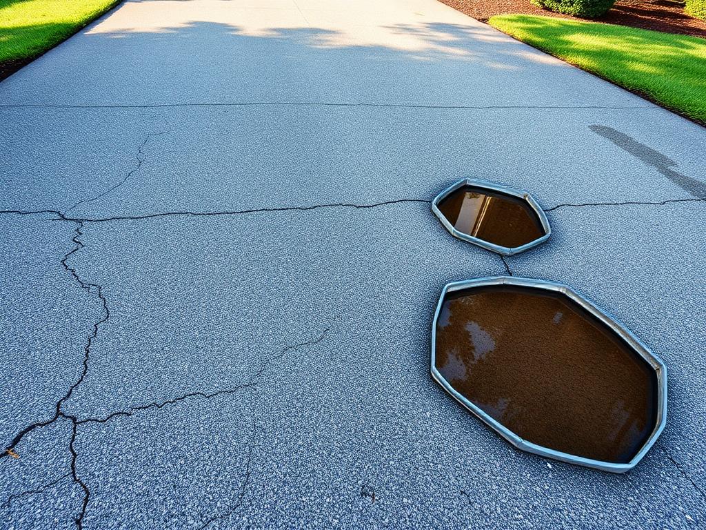 Before: faded Boca Raton asphalt driveway with alligator cracking and two water-filled potholes