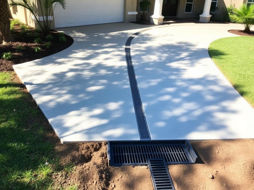 After: widened concrete driveway in Plantation with a new parking pad and black trench drain across the apron