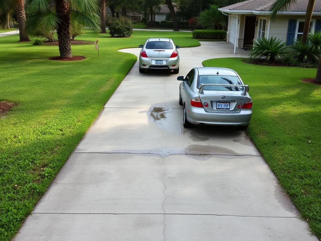 Before: narrow single-lane concrete driveway in Plantation with two cars squeezed on it and standing rainwater
